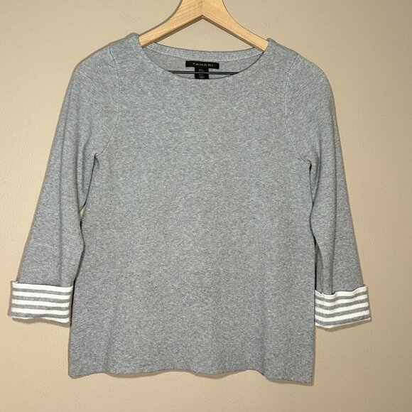 Women's M Tahari Pullover Sweater Gray White Striped Cuffs Warm Heavy - Picture 2 of 7